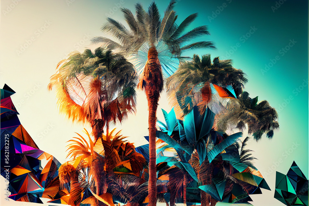 Poster beautiful abstract three palm tree on a color background