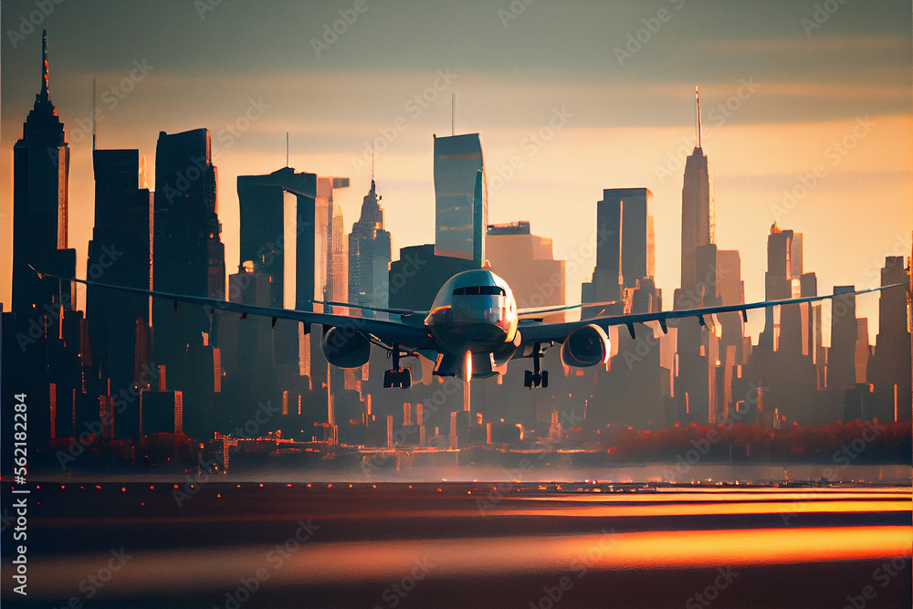 Poster airplane city skyline at sunset