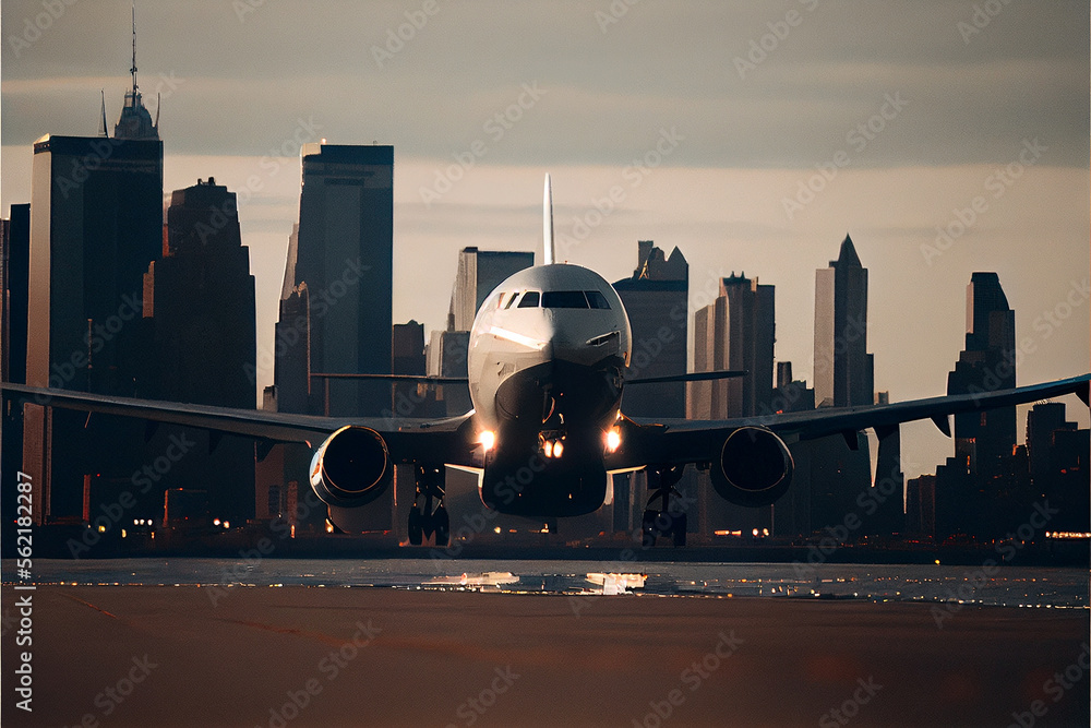 Poster Airplane city skyline at sunset