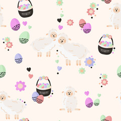 Easter seamless pattern. Easter eggs, basket, lamb, heart and flowers. Animal print. Packaging template, wrapping paper, textiles and wallpapers.