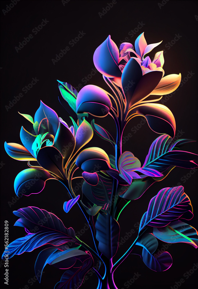 Poster Beautiful abstract Flowers in colorful light. Minimalism modern style concept. Dark Background pattern for design