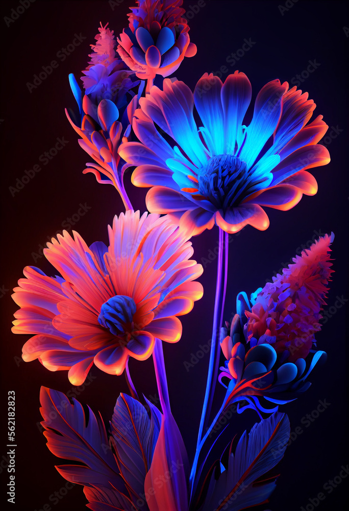 Poster Beautiful abstract Flowers in colorful light. Minimalism modern style concept. Dark Background pattern for design