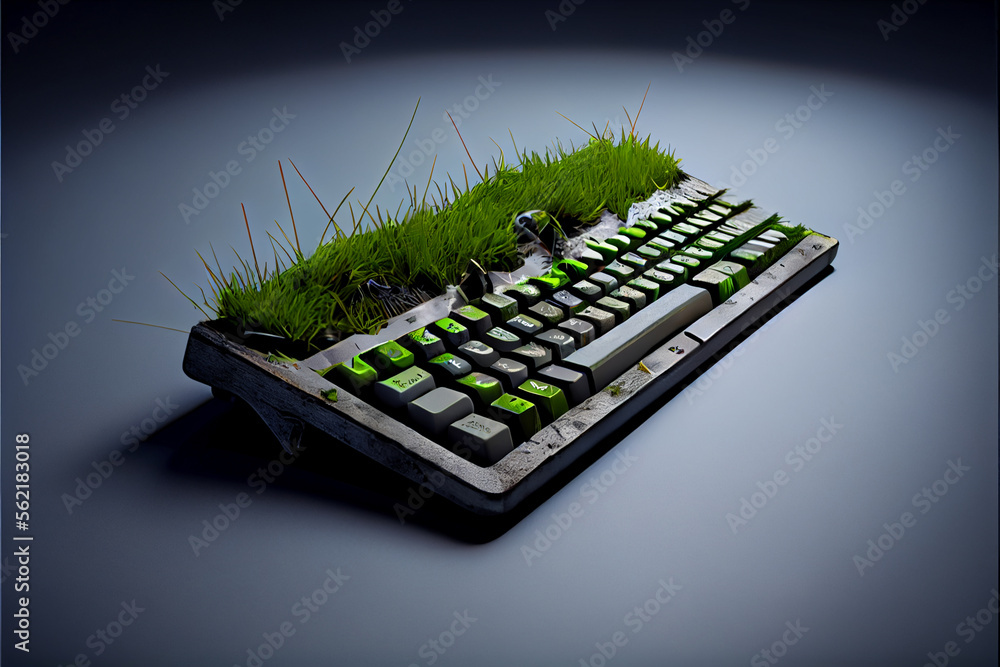 Poster old keyboard overgrown with grass on a gray background. green world concept.