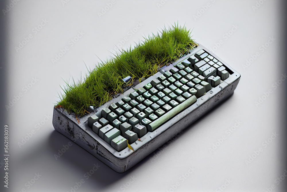 Poster old keyboard overgrown with grass on a gray background. green world concept.