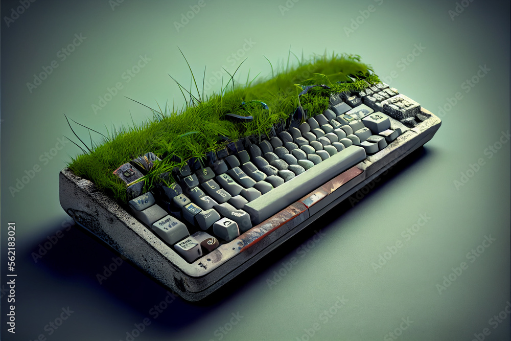 Poster old keyboard overgrown with grass on a gray background. green world concept.