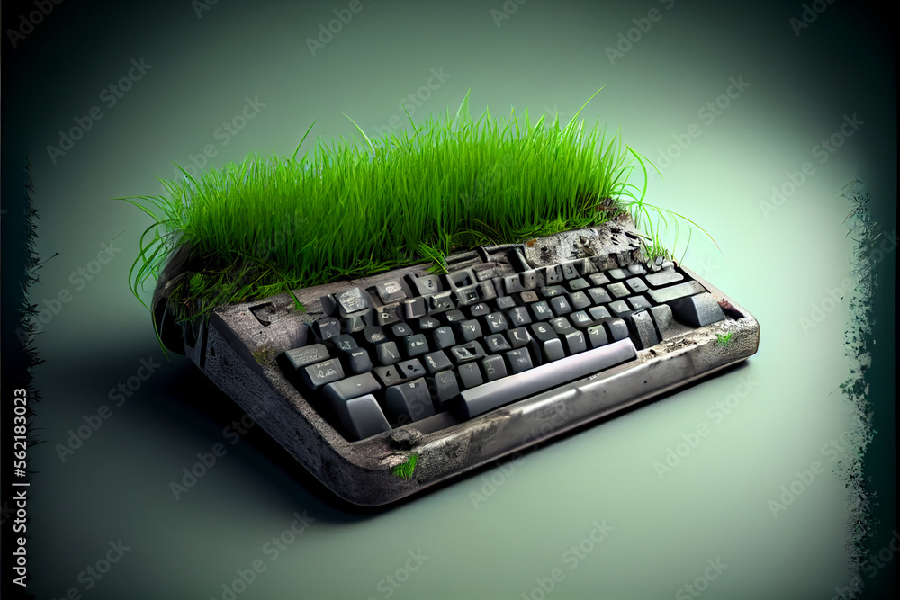 Poster old keyboard overgrown with grass on a gray background. green world concept.