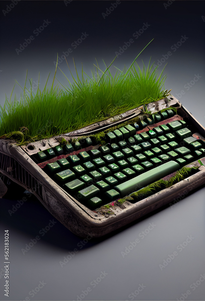 Poster old keyboard overgrown with grass on a gray background. green world concept.