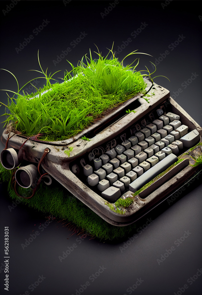 Poster old keyboard overgrown with grass on a gray background. green world concept.
