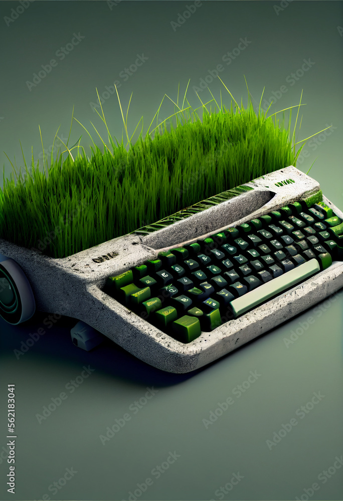 Poster old keyboard overgrown with grass on a gray background. green world concept.