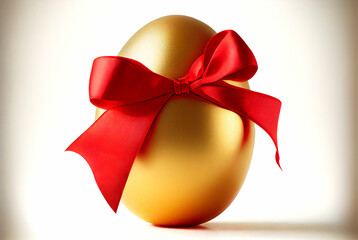 Generative AI Illustration of a golden egg tired with red bow isolated on white background. Concept of expensive gift  digital art.. - 562183050
