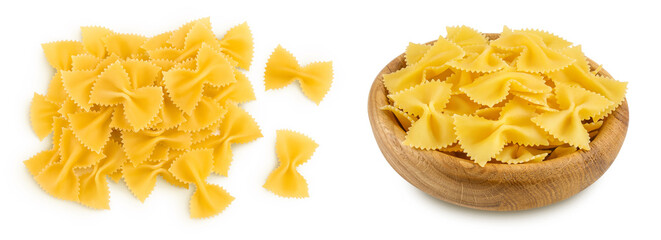 Bow tie pasta isolated on white background with full depth of field. Top view. Flat lay.