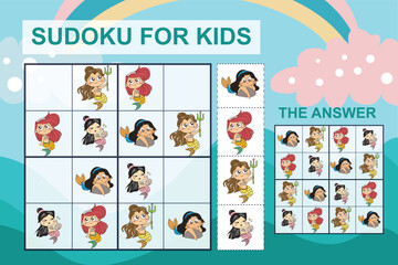 Sudoku sheet for kids. Education worksheet for children. Printable puzzle game for preschool.  Cute mermaids theme. Vector file.