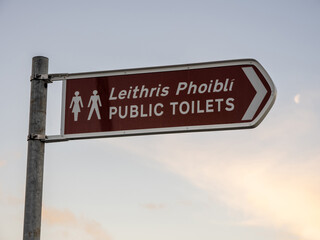 Public toilet sign in Irish and English language with male and female body logo. Pastel sky...