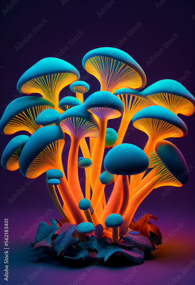 Poster beautiful bunch mushrooms color light in the tree background texture