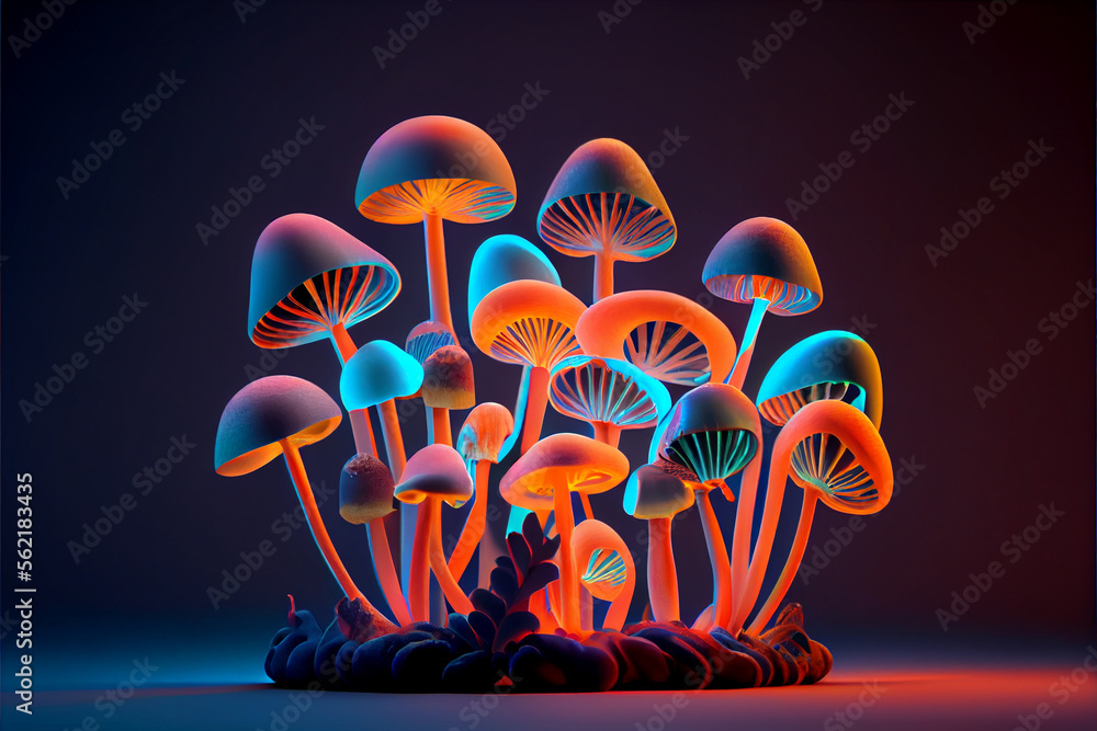 Poster beautiful bunch mushrooms color light in the tree background texture