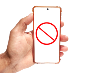 Hand holding mobile with Red circle forbidden icon, stopping sign on screen