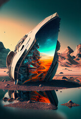 Beautiful abstract surreal geometric landscape spaceship collage concept, contemporary colors and mood