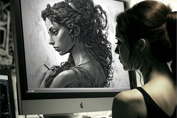 woman digital illustration on notebook generative ai