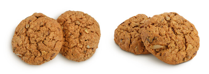 oatmeal cookies with flax, pumpkin and sunflower seeds isolated on white background with full depth of field. Top view. Flat lay