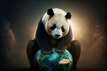 Fototapety  panda with planet earth generative ai