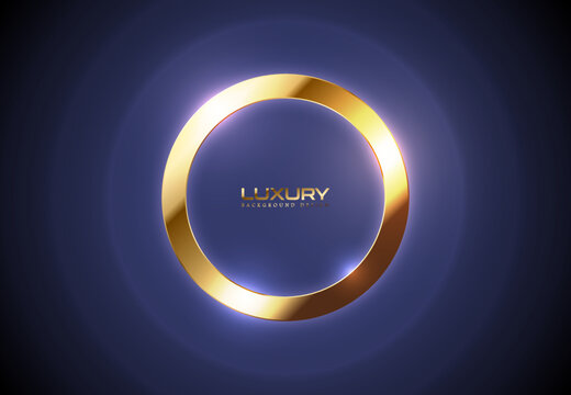Glossy luxury circle golden frame. Border logo, name, label. Realistic gold frame, luxury purple abstract glow light waves background design. Vibration resonance motion light effect. Vector template