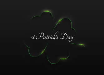 Minimalist shiny green soft 3D clover leaf thin line shape abstract frame design. st Patrick's Day white text. Minimal holiday poster, banner. Four-leaf black background simple vector illustration