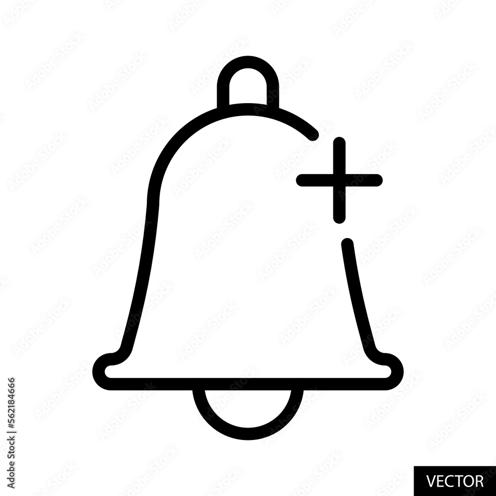Poster add reminder, notification bell with plus sign vector icon in line style design for website, app, ui