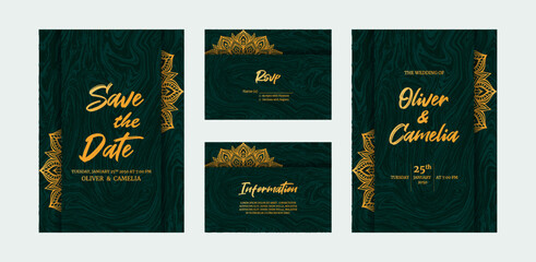 Green Elegant Wedding Invitation Card Set Vector Design with Floral Mandala, Marble Modern Luxury Background Template