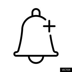 Add reminder, Notification bell with plus sign vector icon in line style design for website, app, UI, isolated on white background. Editable stroke. Vector illustration.