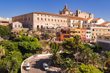 View of Parc Rochina and colonial buildings in the background, Mahon, Balearic Islands, Spain