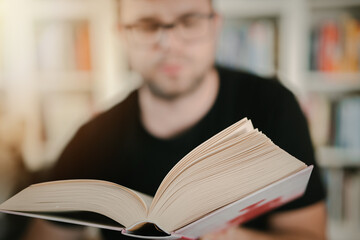 Man holding an open book. Man is reading book. Blurred books in background.