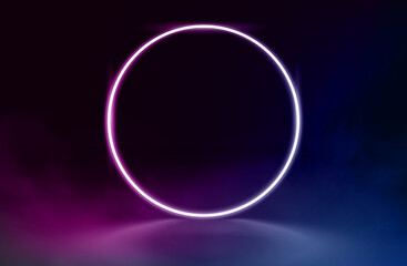 3d vector, abstract background, round portal, glowing lines, tunnel, neon lights, virtual reality, arch, pink blue spectrum of bright colors, laser show, empty space, frame isolated on black