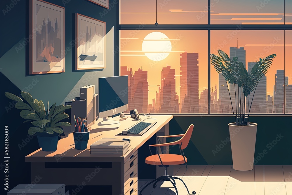 Poster coworking space with a 2d parallax backdrop generative ai