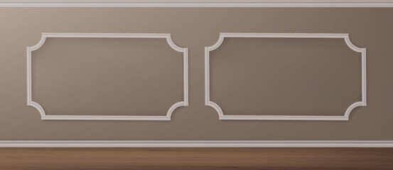 Brown wall with molding frames. Classic interior with molded panels. Seamless vector background. Architecture molding background, interior with stucco wall decoration illustration
