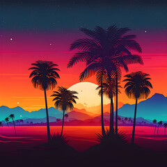 Beach landscape with sunrise, retro illustration