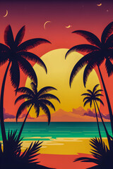 Fototapeta na wymiar Beach landscape with sunrise, retro illustration Generative AI