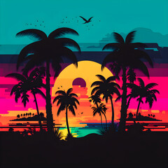Fototapeta na wymiar Beach landscape with sunrise, retro illustration