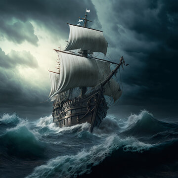 Dark ship on sea with storm clouds