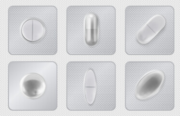 Set of realistic blisters for pills. Medicinal capsules and tablets in a blister pack. Vector illustration