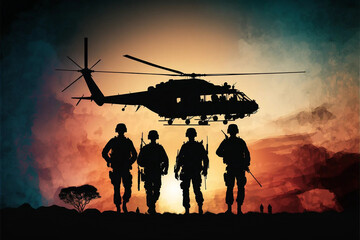 Fototapeta na wymiar Four millitary silhouette standing in foreground Helicopter in background, sunset . Generative AI 