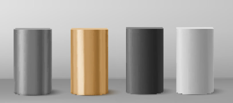 3d Cylinder from different materials pillar isolated on gray background. vector illustration