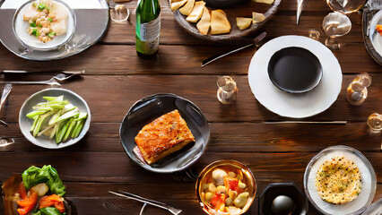 Fototapeta na wymiar table full of food, dinner, gourmet, traditional, restaurant, Generative AI