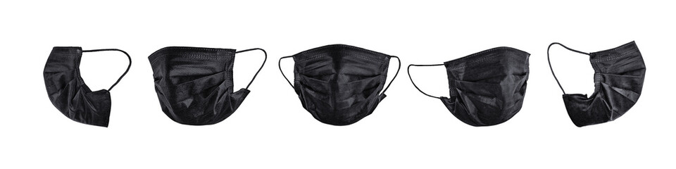 Set of black face masks in different views. Isolated png with transparency