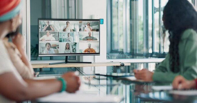 Video conference, screen and business meeting, online with business people, communication and team discussion. Internet, webinar and online meeting, teamwork and collaboration, corporate video call