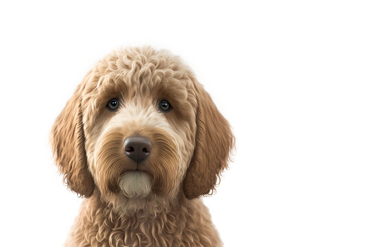 Golden doodle dog head portrait on a white background.  Image of a big shaggy pet, well groomed doodle puppy dog.  Cross breed between a Golden Retriever and a Poodle.  Created with Digital AI. 