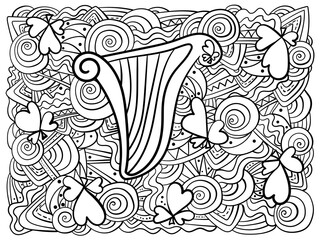 Meditative horizontal coloring page with harp clover shamrocks and ornate patterns for festive activity