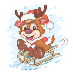 Cartoon Deer Sledding. Clipartю Christmas illustration of a cartoon deer dressed as Santa Claus sledding. Winter mascot cartoon.