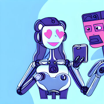 Two lovers Robot couple posing for cell phone selfie- generated ai
