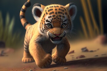 Tiger cub, adorable protagonist, slinks and roars on the hunt. Generative AI - obrazy, fototapety, plakaty