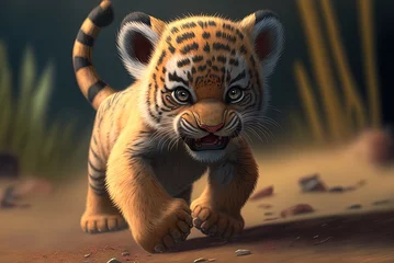 Fotobehang Tiger cub, adorable protagonist, slinks and roars on the hunt. Generative AI © LukaszDesign